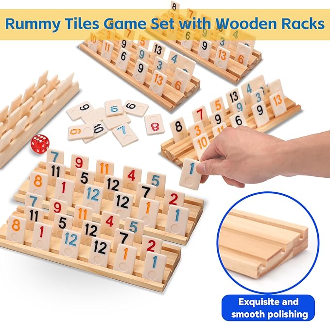 Upgraded Rummy Cube Game Set 6-8 Players with 8 Wooden Racks & 214 Rummy Tiles | Travel & Family Board Game for Adults and Kids