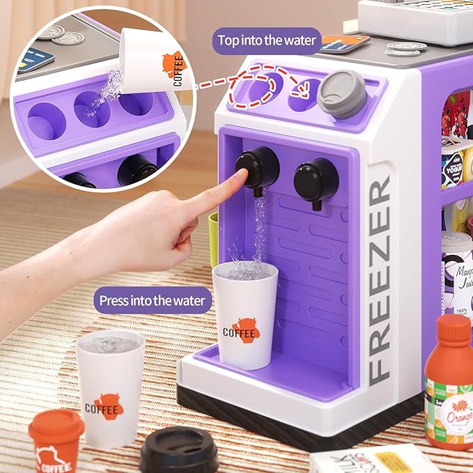 48-Piece Pretend Play Cash Register Toy Set for Kids with Water Outlet Function - Calculator, Shopping Bag, Scanners, Coffee Machine, Play Food - Gift for Boys and Girls Ages 3+ (Purple)