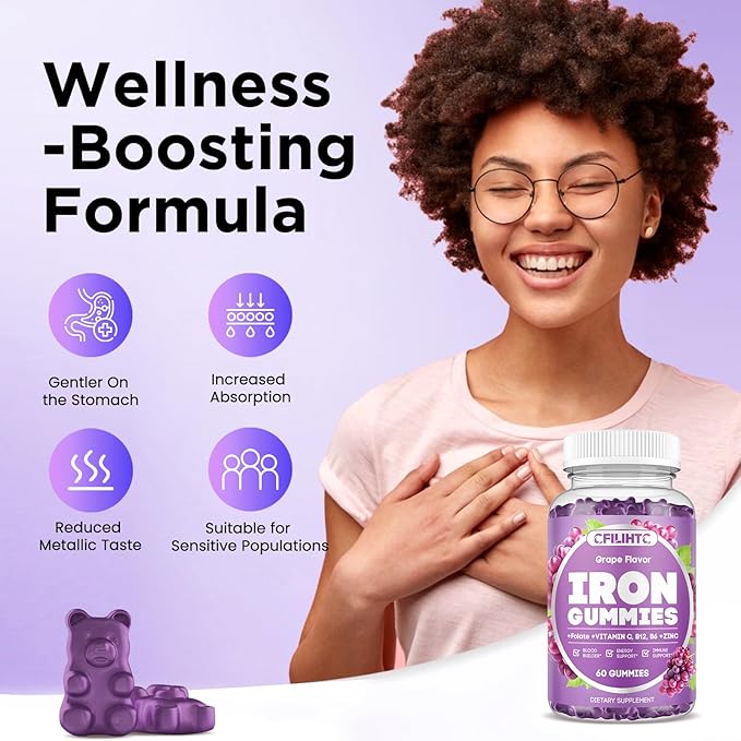 Iron Supplement for Women & Men - Iron Gummies with Vitamin B6, B12, C, Zinc, Folate for Adults & Kids - Support Iron Deficiency, Anemia, Energy Boost, Blood Builder - Sugar Free Vegan 60ct Grape