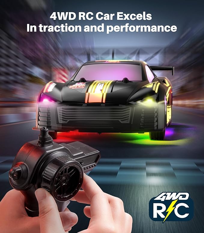 RC Car 1:24 Scale, 4WD High-Speed Remote Control Car with LED Lights, 2.4GHz Non-Disruptive, Rechargeable Batteries, 360° Drifting, PVC Shell, Ideal Birthday for Kids