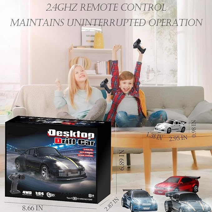 RC Drift Car, 1/64 Scale Mini Drift Cars, 2.4GHz Adjustable Throttle High Speed Remote Control Car, RTR 4WD Fast RC Cars with Lights, Hobby Race Vehicle Toy Birthday Gift for Kids, Boys, Girls, Adults