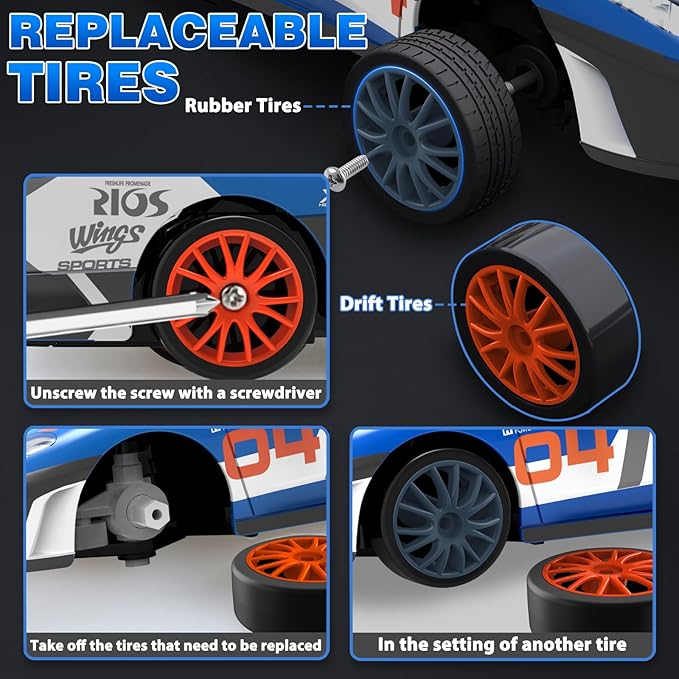 Remote Control Car RC Drift Car 2.4GHz 1:24 Scale 4WD 15KM/H High Speed, Rechargeable High Speed RC Cars with Cool Lights, Two Batteries and Extra Tires Toys for Kids