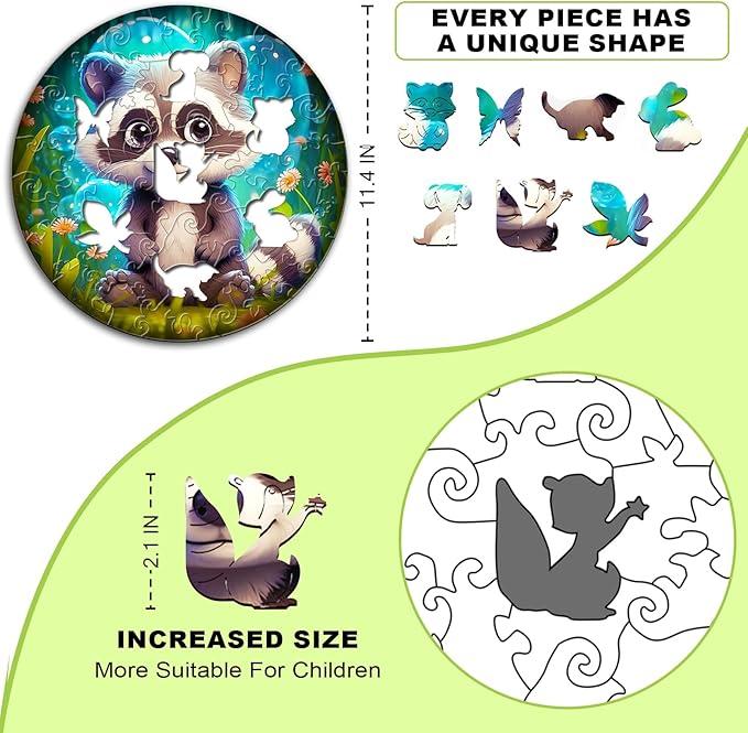 Easter Gifts for Kids Girls Boys, Easter Basket Stuffers, Wooden Jigsaw Puzzles for Kids Ages 4-6, 50 Piece Unique Shape Animal Theme Puzzle - Preschool Learning Educational Toys for Kid 3+ (Raccoon)