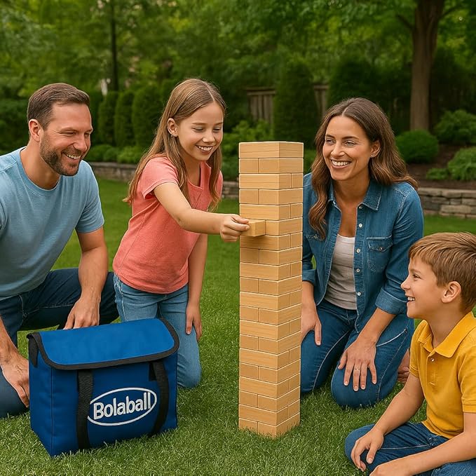 Outdoor Game Set Including 45 Giant Tumbling Blocks, 28 Giant Dominoes, and 6 Giant Dice, Giant Outdoor Games for Family Fun, Set of 3, Classic Block Giant Outdoor Game for Adults