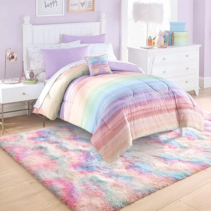 Ompaa Soft Fluffy Rainbow Kids Rug for Girls Bedroom Carpets, 4x6 Feet, Pastel Unicorn Room Decor, Kawaii Tie Dye Rugs for Teens Dorm Aesthetic, Shaggy Nursery Area Rug for Baby Toddler Princess Room