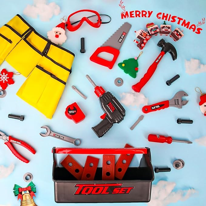 LOYO Kids Tool Set - Pretend Play Construction Toy with Tool Box Kids Tool Belt Electronic Toy Drill Construction Accessories Gift for Toddlers Boys Ages 3 , 4, 5, 6, 7 Years Old (red)
