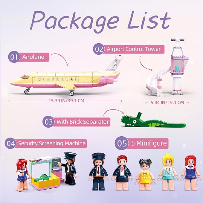 Sluban Airplane Building Set for Girls 6+ 8+ 12+, Airport Plane Kit Compatible with Lego Friends, Control Tower, Security Check Machine, and 5 Minifigures, Thanksgiving Boys Kids 6-12