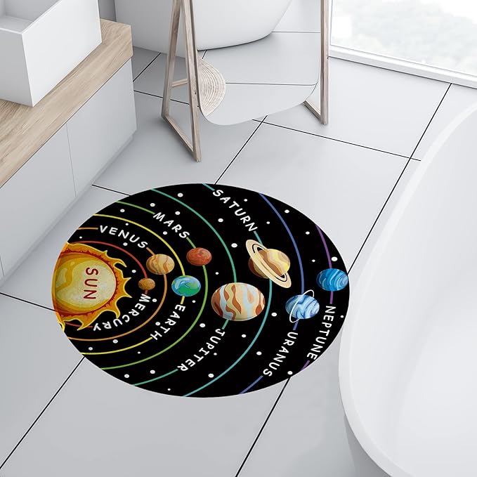 Cinbloo Space Rug for Kids Room Galaxy Solar System Area Round Mat for Boys Bedroom Educational Learning Planet Black Nursery Playroom Classroom Soft Floor Carpet (Black, 36"x36")