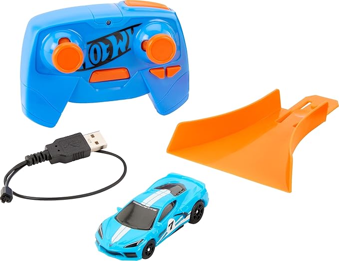 Hot Wheels Toy Car, RC C8 Corvette in 1:64 Scale, Remote-Control Vehicle with Controller & USB Cable, Works On & Off Track