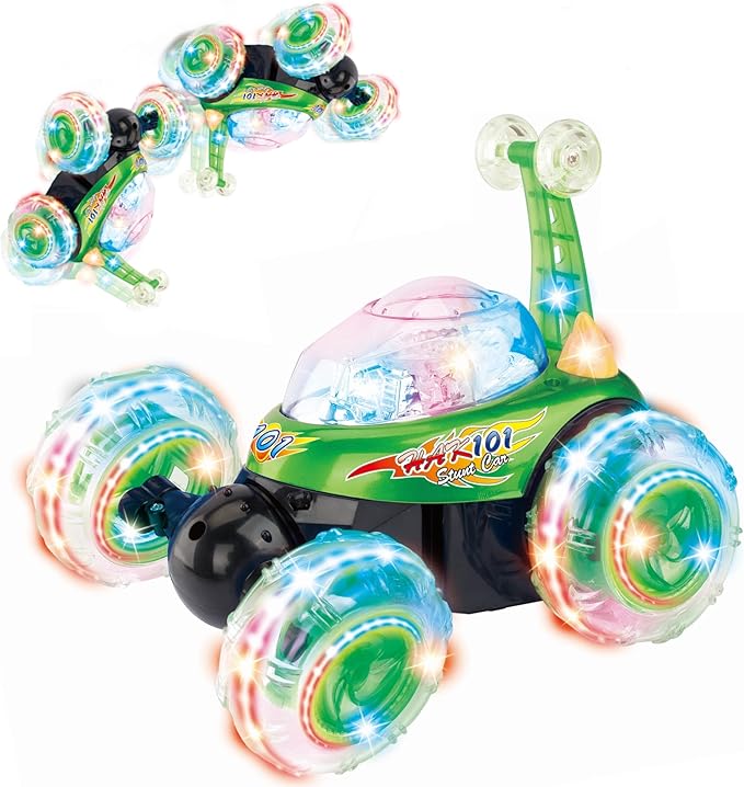 Rechargeable RC Tornado Stunt Car – 360° Flip Remote Control Turbo Twister Vehicle with Lights & Music | Double-Sided Spinning Car Toy for Toddlers Kids Boys Girls (Green)