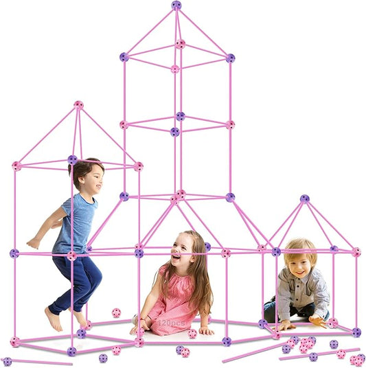 Kids Fort Building Kit 120 Pieces Construction STEM Toys for 5 6 7 8 9 10 11 12 Years Old Boys and Girls Ultimate Forts Builder Gift Build DIY Educational Learning Toy for Indoor Outdoor(Purple+Pink)