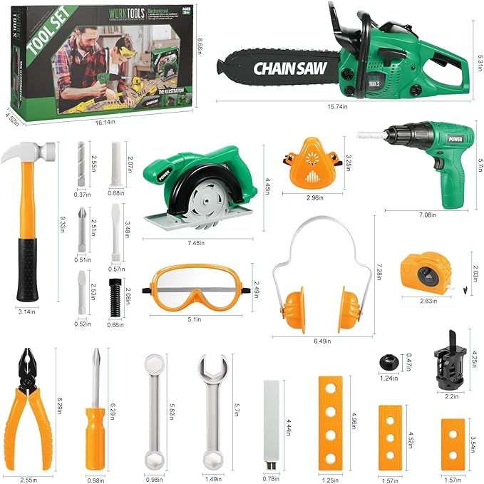 Vextronic Kids Tool Set 36 PCS with Electric Toy Chainsaw Drill Circular Saw with Realistic Sounds, Toy Tool Set for Toddlers 3 4 5 6 7 8, Pretend Play Kids Power Tools Kit Gift for Boys Girls