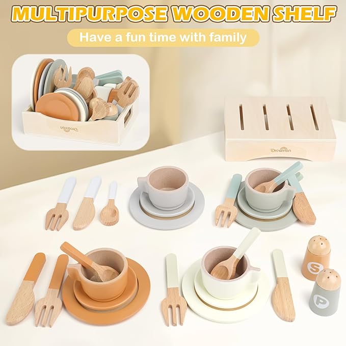 Wooden Play Dishes and Plates for Kids Kitchen Set, 27 PCS Wooden Play Kitchen Accessories, Kitchen Toy for Toddlers Boys Girls 3 4 5 6