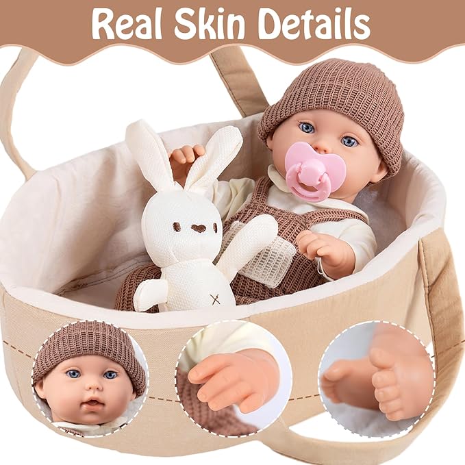 12" Baby Dolls with Carrier Bassinet,Newborn Alive Doll with Accessories and Knit Clothes Includes Pacifier,Bunny Toy,First Baby Doll for Toddlers 3 Ages and Up