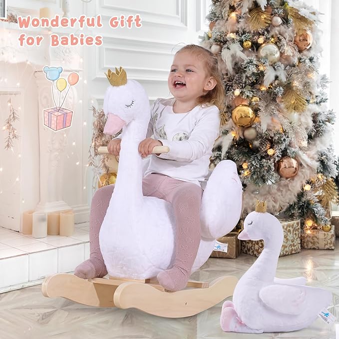 labebe Kids Rocking Horse White Swan with Little Plush Doll Toys, Stuffed Animal Wooden Rocker for Children 6 Months Boys and Girls/Nursery Christmas, Birthday Gift (Rocking Swan with Doll)