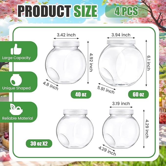 4 Pcs Plastic Candy Jar with Lid for Candy Buffet Large Storage Jar Clear Food Storage Canisters Kitchen Countertop Container for Cookies Beans Snacks Indoor Outdoor Wedding (30/40/60 oz)