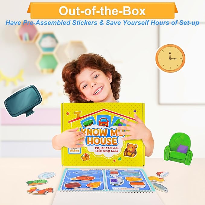 Childrens Books - Sticker Book for Toddlers 2-4 Years Pre-Assembled, Home Scenes Educational Toy - Montessori Inspired, Easy Travel, Reusable Stickers, Toys for 2-3 Year Old Girls Boys