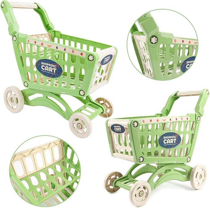 deAO Kids Shopping Cart Trolley for Groceries Toddlers 65 Food Fruit Vegetables Pretend Play Food Role Play Educational Toy Play Kitchen Toys Store Playset (Green)