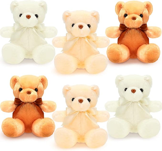 HyDren 6 Pcs Bear Stuffed Animal Plush Toys Soft Plush Dolls Bear Sleeping and Playing Toys for Baby Shower Decoration Boy(Short Plush,Dark Brown, Brown, Beige)