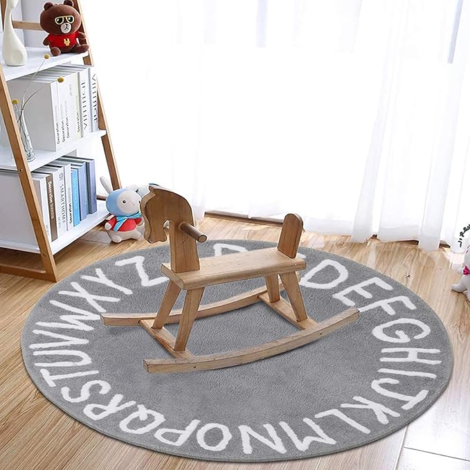 SHACOS Ultra Soft Round ABC Rug 4 Ft Alphabet Nursery Rugs Kids Room Toddlers Baby Crawling Playroom Fluffy Non Slip Washable 47 inch Circle Educational Carpet for Classroom, Gray