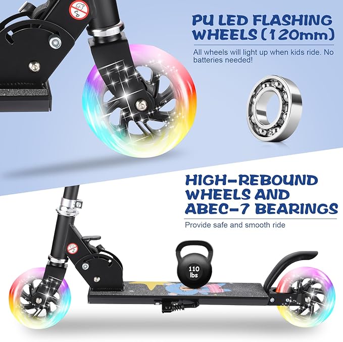 Scooter for Kids Ages 3-12 - Kids Kick Scooters with Led Light Up Wheels & 3 Levels Adjustable Handlebar, Lightweight Foldable 2 Wheel Girly Pink Scooter Christmas Birthday for Girls Boys.