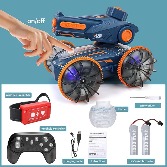 Amphibious Remote Control Car - Stunt Toy for Kids Ages 6-8-12, Water & Land 4WD with Gesture Sensing, Lights, Waterproof, Rotation, Beach & Pool Fun, Idea for Boys