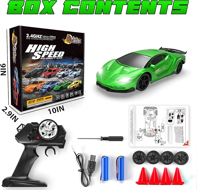 RC Drift Remote Control Car 2.4GHz 1/24 4WD 15KM/H High Speed Racing Sport with LED Lights Drifting Tire Toy for Adults Boys Girls Kids Gift 2Pcs Rechargeable Batteries