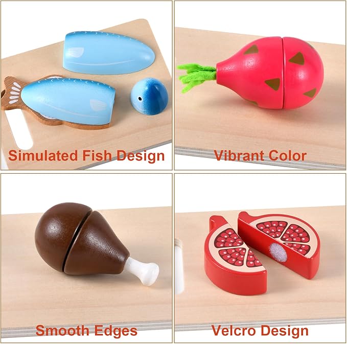 WHOHOLL Wooden Play Food Toys for Kids Kitchen Playset, Play Kitchen Accessories with Apron Pretend Cutting Food Montessori Toys for 3+ Year Old Girls and Boys