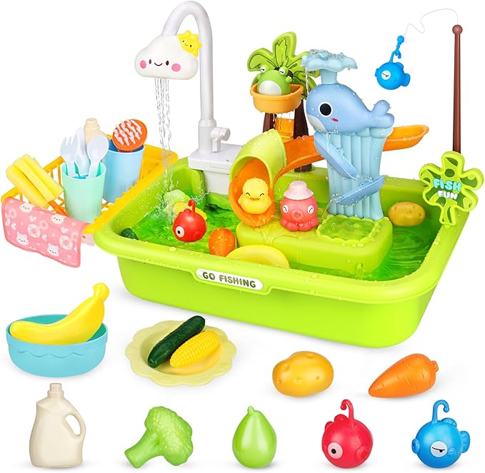 Play Sink with Running Water, Kitchen Sink Toys with Upgraded Electric Faucet, Play Dishwasher & Pool Floating & Fishing Toys for Kids, Play House Pretend Role Play Toys for Boys Girls