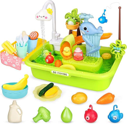 Play Sink with Running Water, Kitchen Sink Toys with Upgraded Electric Faucet, Play Dishwasher & Pool Floating & Fishing Toys for Kids, Play House Pretend Role Play Toys for Boys Girls