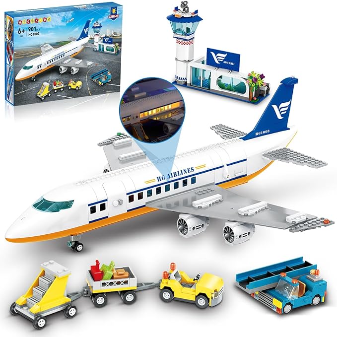 HOGOKIDS City Passenger Airplane Building Set with LED Light, 901 PCS Plane Building Blocks with Airport Terminal, Radar Tower, Luggage Trailer, Planes Model Toys Gifts for Adults Boys Girls Age 6-12+