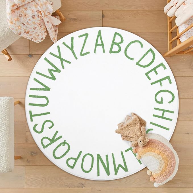 Topotdor Round Kids Play Rug Alphabet Nursery Area Rug Extra Large Soft Crawling Play Mat for Children Toddlers Bedroom (47 inch, Green/White)