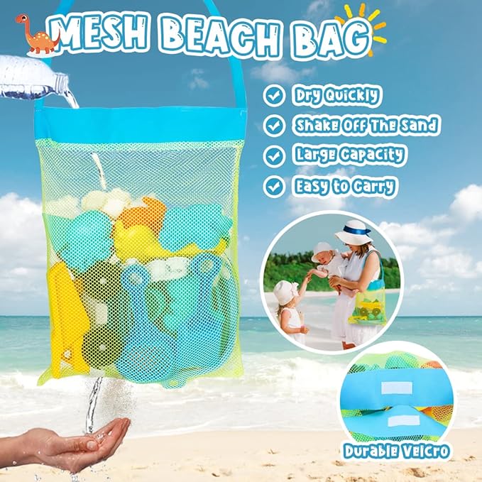 Beach Toys, 23Pcs Sand Toys, Sandbox Toys with Dump Truck, Collapsible Sand Bucket, Shovel Set, Sand Castle Kit, Animal Dinosaur Molds, Mesh Bag, Travel Toys for Kids Toddlers Boys Girls