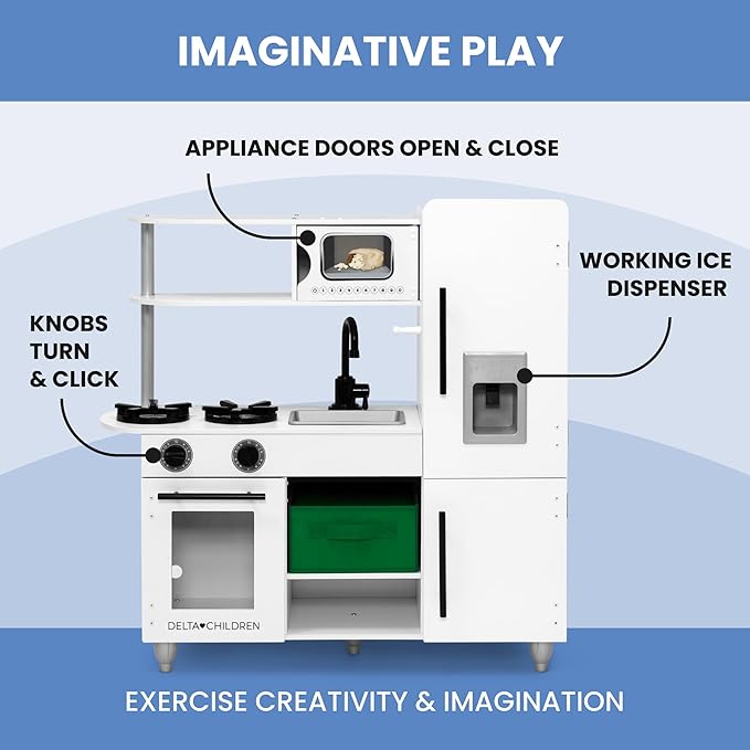 Delta Children Deluxe Modern Kitchen - Toy Kitchen Playset with Realistic Knobs That Turn/Click, Oven, Sink and Fridge/Freezer with Ice Maker, White