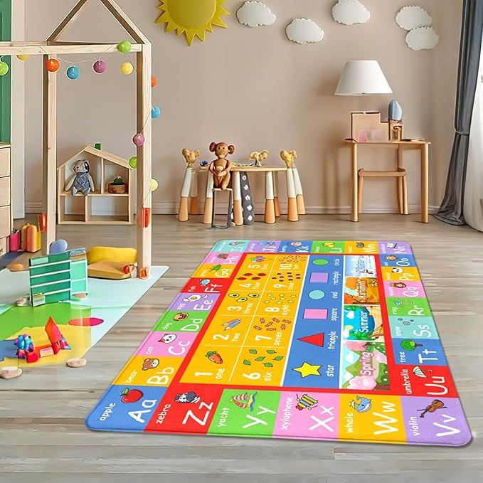 3x5 Alphabet Kids Play Rug for Playroom, Summer Non Slip Educational Rugs Learning Numbers Mat for Boys Girls, Preschool ABC Baby Floor Mats for Classroom Kids Room Toddlers Nursery Carpets