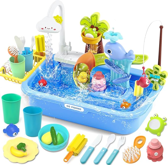 Kids Play Sink with Running Water & Electric Faucet, 4-in-1 Kitchen Sink Toy with Fishing Game, Pretend Play Kitchen Toy Accessories, Role Play Dishwasher Toys for Toddlers Boys Girls Blue