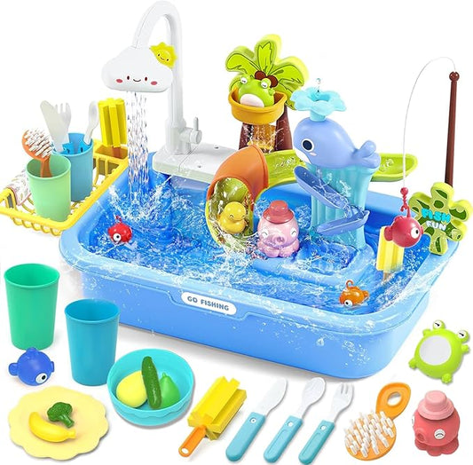 Kids Play Sink with Running Water & Electric Faucet, 4-in-1 Kitchen Sink Toy with Fishing Game, Pretend Play Kitchen Toy Accessories, Role Play Dishwasher Toys for Toddlers Boys Girls Blue
