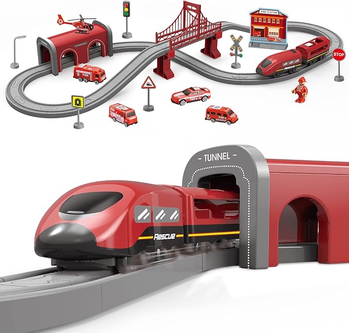 Train Sets for Toddlers, 66 Pcs Trains Toy with Battery Operated & Tracks (Magnetic Connection), Compatible with Thomas, Brio, Christmas Toy Gifts for 3 4 5 6 7 8 Years Old (Fire Engines)