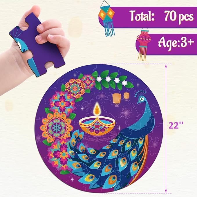 Rangoli Diwali Puzzle for Kids 70 Pieces Double Sided Large Mandala Floor Puzzle 22", Indian Holiday Decorations Gifts for Kids 3+ Party Favors