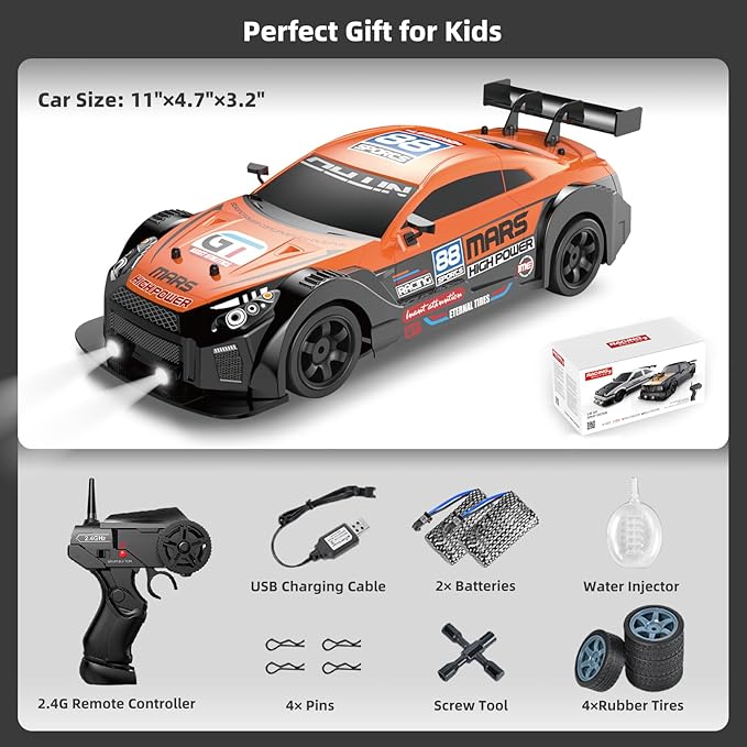 RC Drift Car 2.4GHz 1:16 Scale 4WD High Speed Remote Control Cars Vehicle with LED Lights Two Batteries and Drifting Tires Racing Sport Toy Cars for Adults Boys Girls Kids