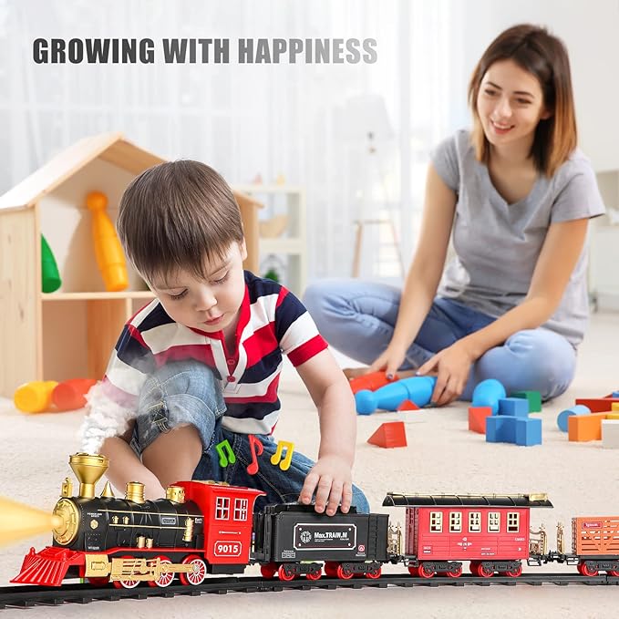 Hot Bee Train Set - Train Toys for Boys with Smokes, Lights and Sound, Toy Train Set for Under Christmas Tree, Toddler Model Trains for 3 4 5 6 7 8+ Years Old Kids Christmas Toys Gifts