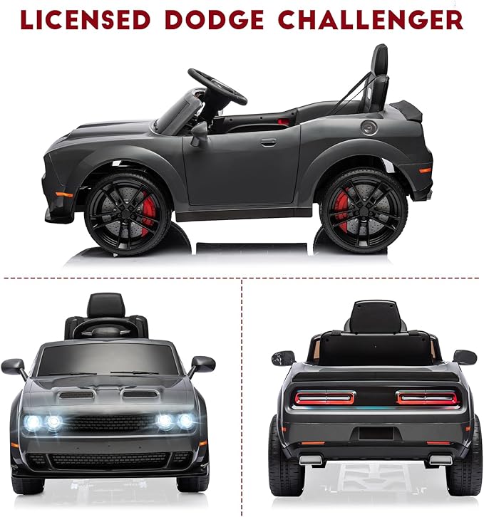 Kids Electric Car | Licensed Dodge Challenger Ride-On 12V Battery-Powered Vehicle with Remote, LED Lights, Bluetooth, MP3 for Boys and Girls, Grey