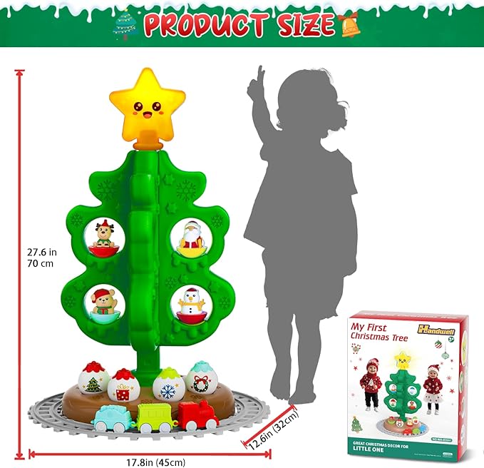 My First Christmas Tree for Kids, Light Up Star Musical Toy Toddler Christmas Tree Decoration Toy Set with Colorful Ornaments DIY Train&Track, Roly Poly Toys, Finger Puppets Xmas Gifts for Boys Girl