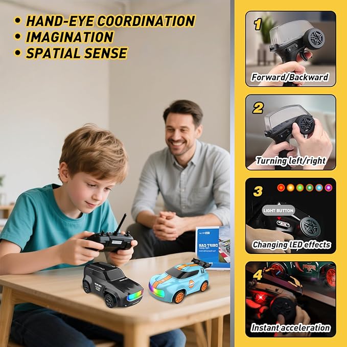 RC Drift Car 1/64 Scale Mini RC, 2.4Ghz Micro Turbo Racing 4WD Desktop Remote Control Rally Car with LED Lights for Adults Kid Toys Gift (Black Concept Model)