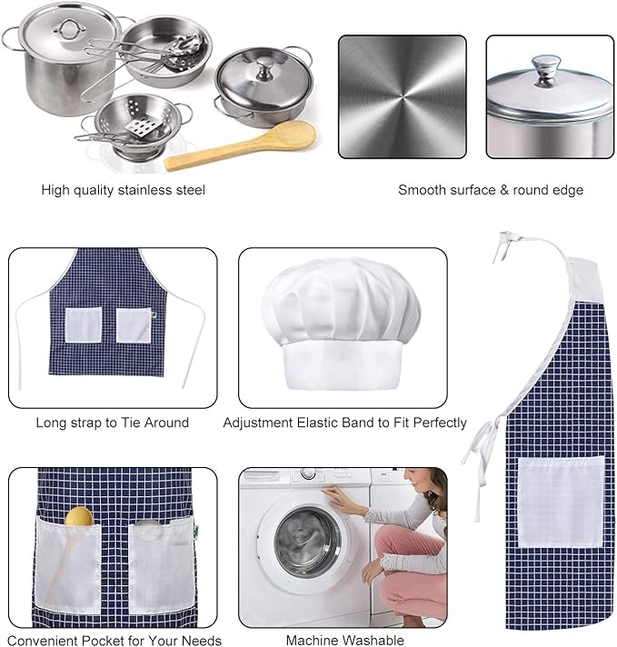 Play Kitchen Accessories, Kids Kitchen Pretend Play Toys, Kitchen Set with Stainless Steel Cooking Utensils Cookware Pots and Pans Set Healthy Vegetables, Knife, Apron, Little Chef Boys Girls
