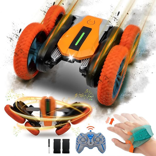 Hand Gesture Sensing Double-Sided Remote Control Car,360° 4wd Off-Road with Lights & Music Indoor/Outdoor Toy for 6-12 Age Boys Birthday Gift (Orange)