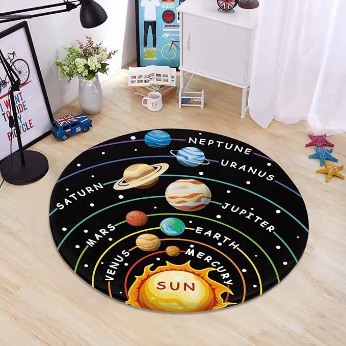Cinbloo Space Rug for Kids Room Galaxy Solar System Area Round Mat for Boys Bedroom Educational Learning Planet Black Nursery Playroom Classroom Soft Floor Carpet (Black, 36"x36")