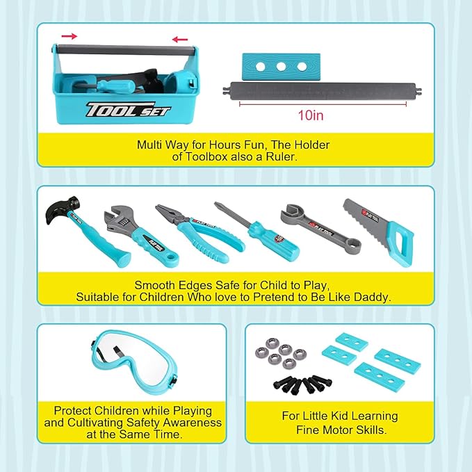 LOYO Kids Toys Tool Set - Pretend Play Construction Toy with Tool Box Kids Tool Belt Electronic Toy Drill Construction Accessories Gift for Toddlers Boys Ages 3 , 4, 5, 6, 7 Years Old (Blue)