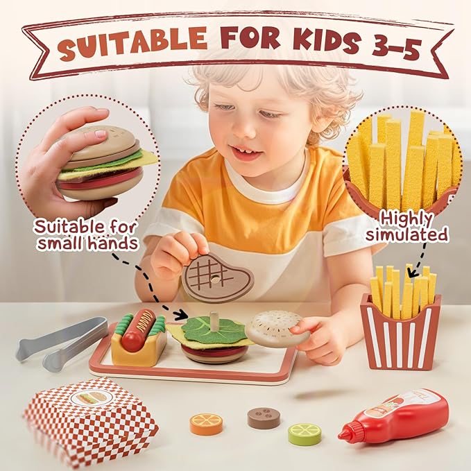 Lehoo Castle Wooden Play Food Sets, Play Hamburger Counter Shop, Toy Food for Toddlers, Play Food Sets for Kids Kitchen, Fake Food Pretend Play for Toddlers 3-5