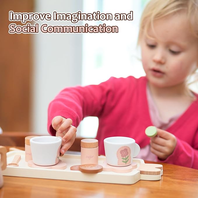 Wooden Tea Set for Little Girls, Pretend Play Tea Party Set Toy with 27 PCS Play Kitchen Accessories, Princess Tea Set Toy, Birthday Gift for Kids 2 3 4 5 Years Old, Improve Imagination